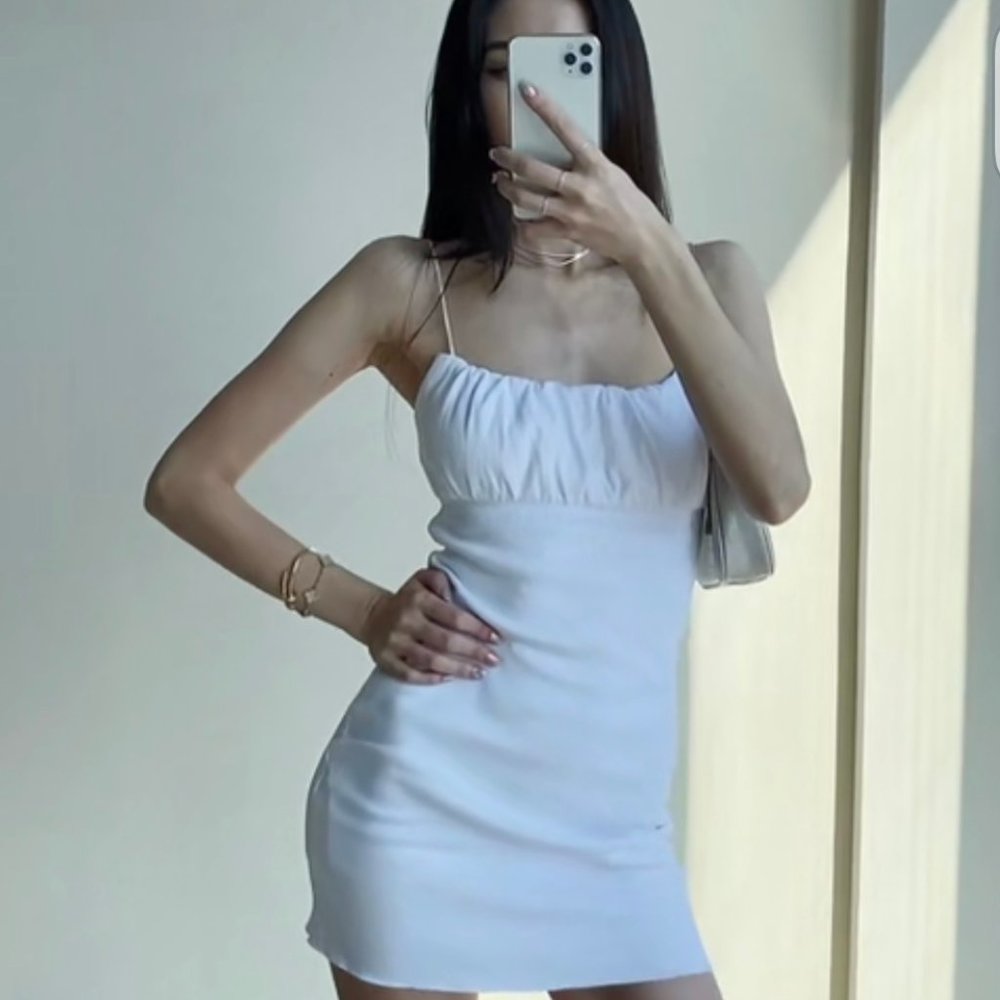 White spaghetti strap dress with ruched details M